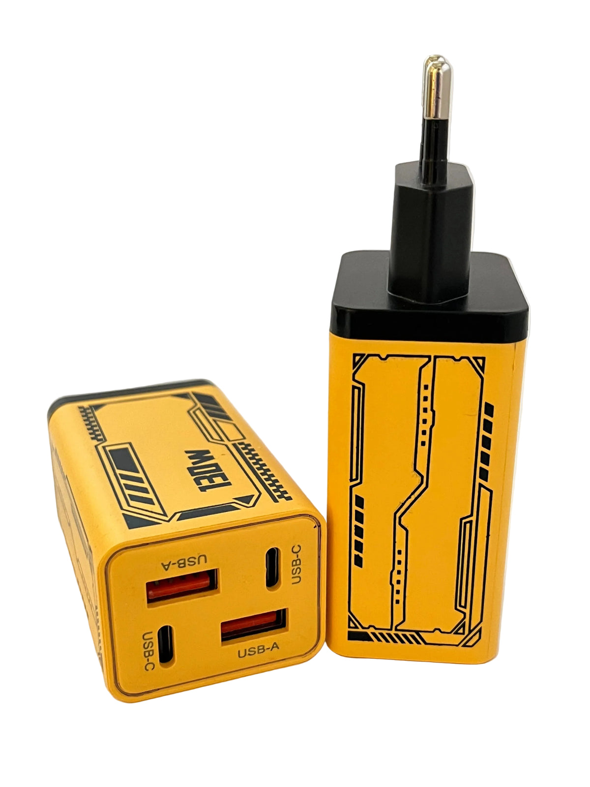 4-Port Fast Charger | 2 USB-C + 2 USB-A | Yellow & Black