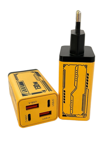 4-Port Fast Charger | 2 USB-C + 2 USB-A | Yellow & Black